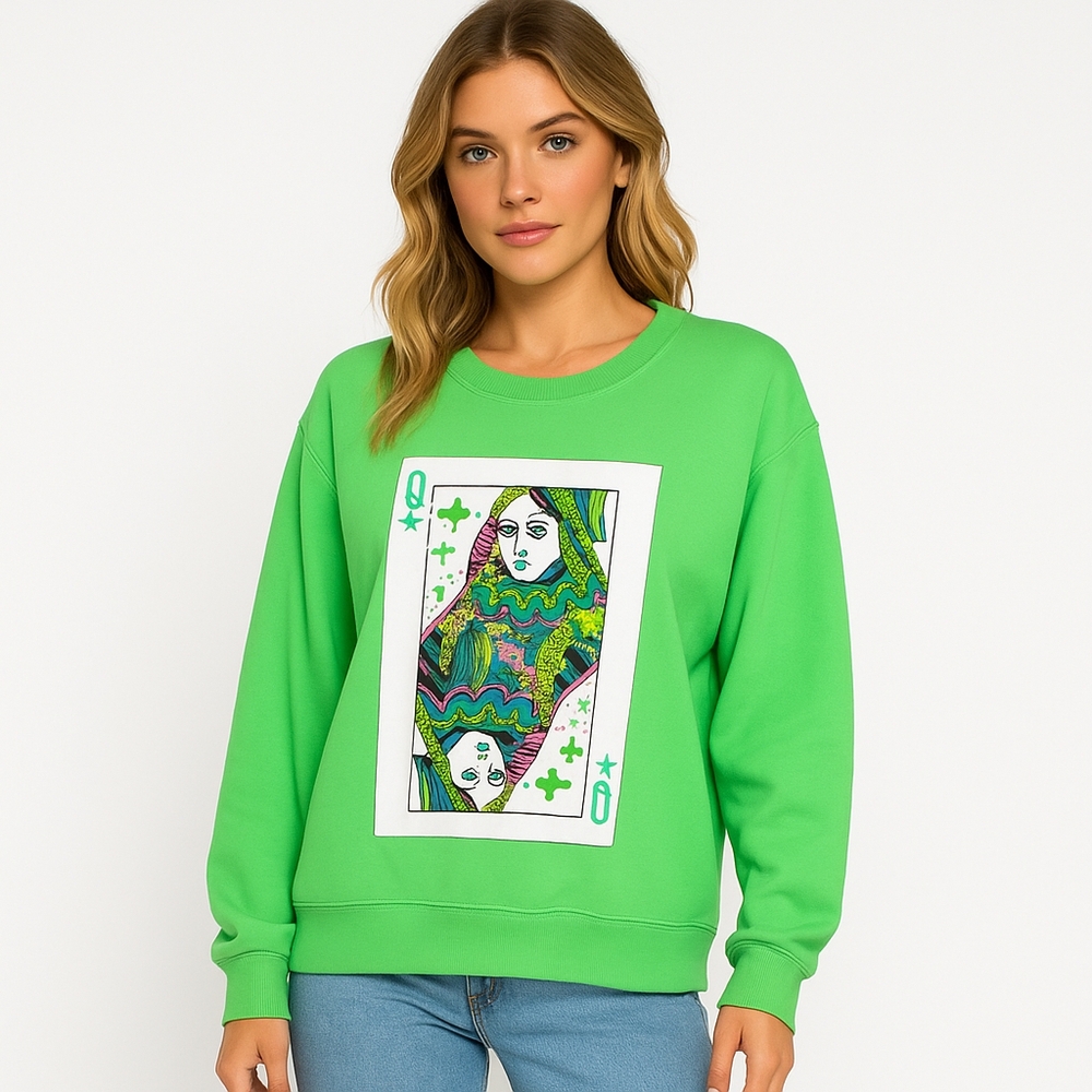 QUEEN OF SPARKLES Sweatshirt Beaded Queen Of Diamonds Card Logo Bright Green XL - Picture 11 of 11